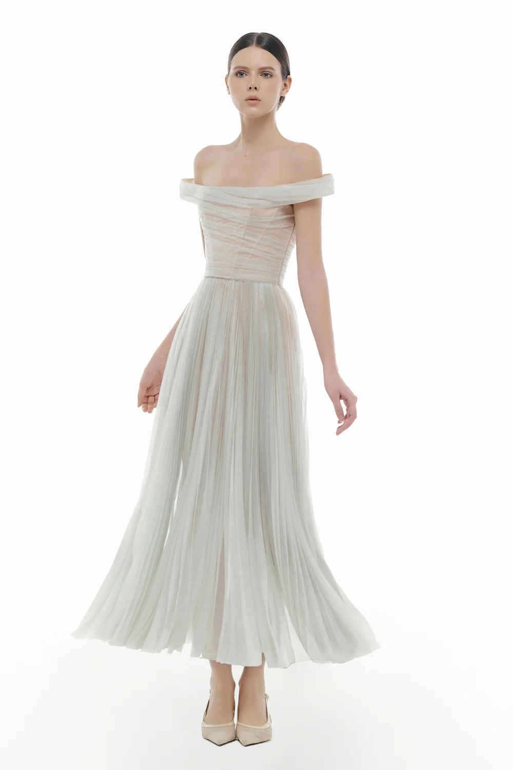 Evangeline Off-Shoulder Draped Midi Dress