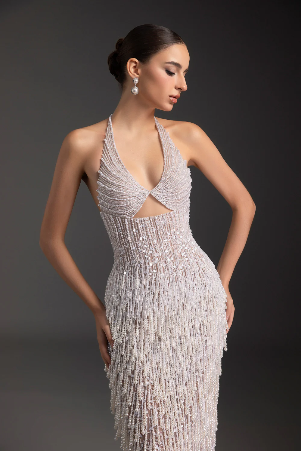 Pearl Halter Neck Bead Maxi Dress