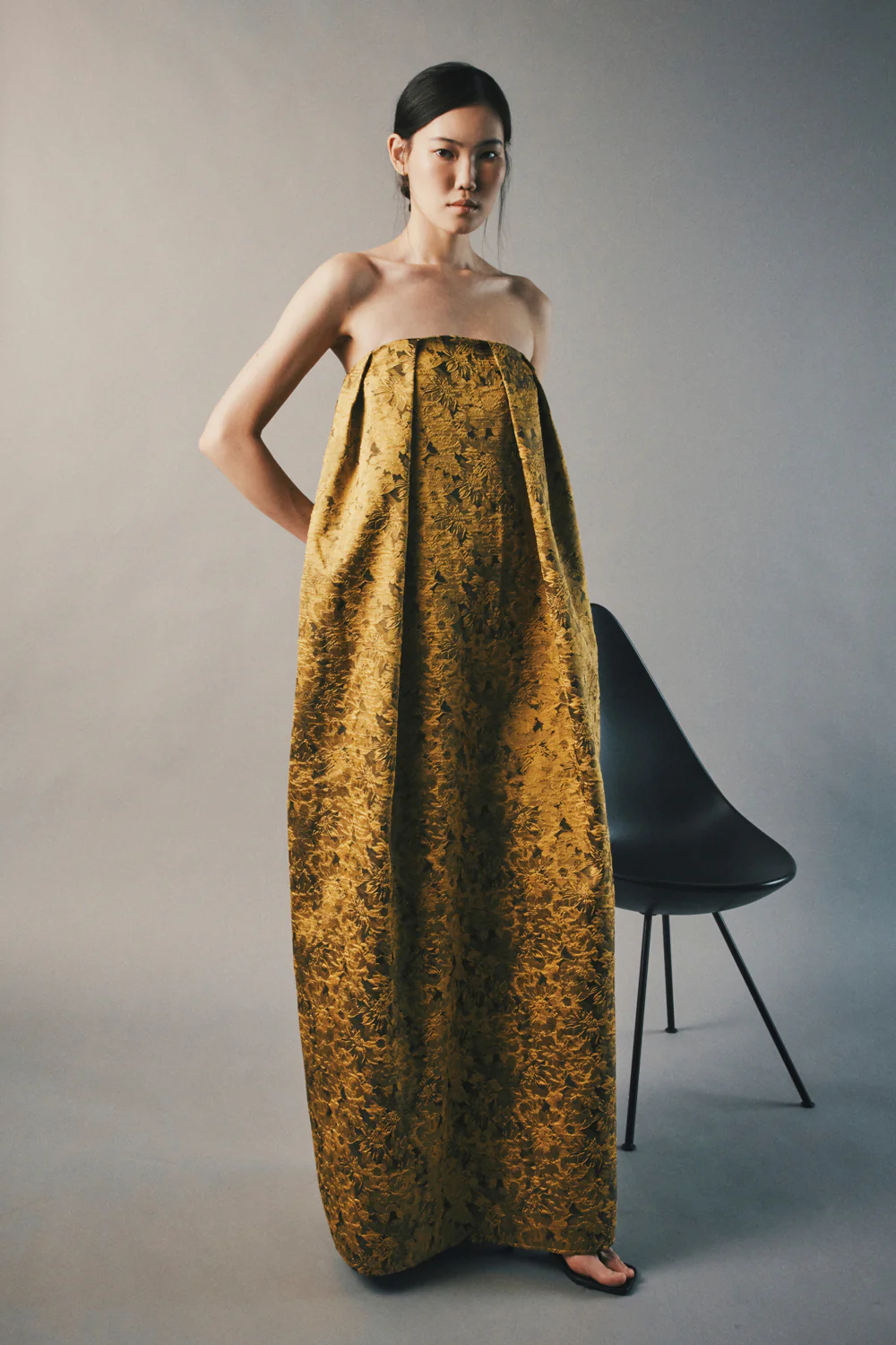 Verdant Echo Cocoon Pleated Maxi Dress