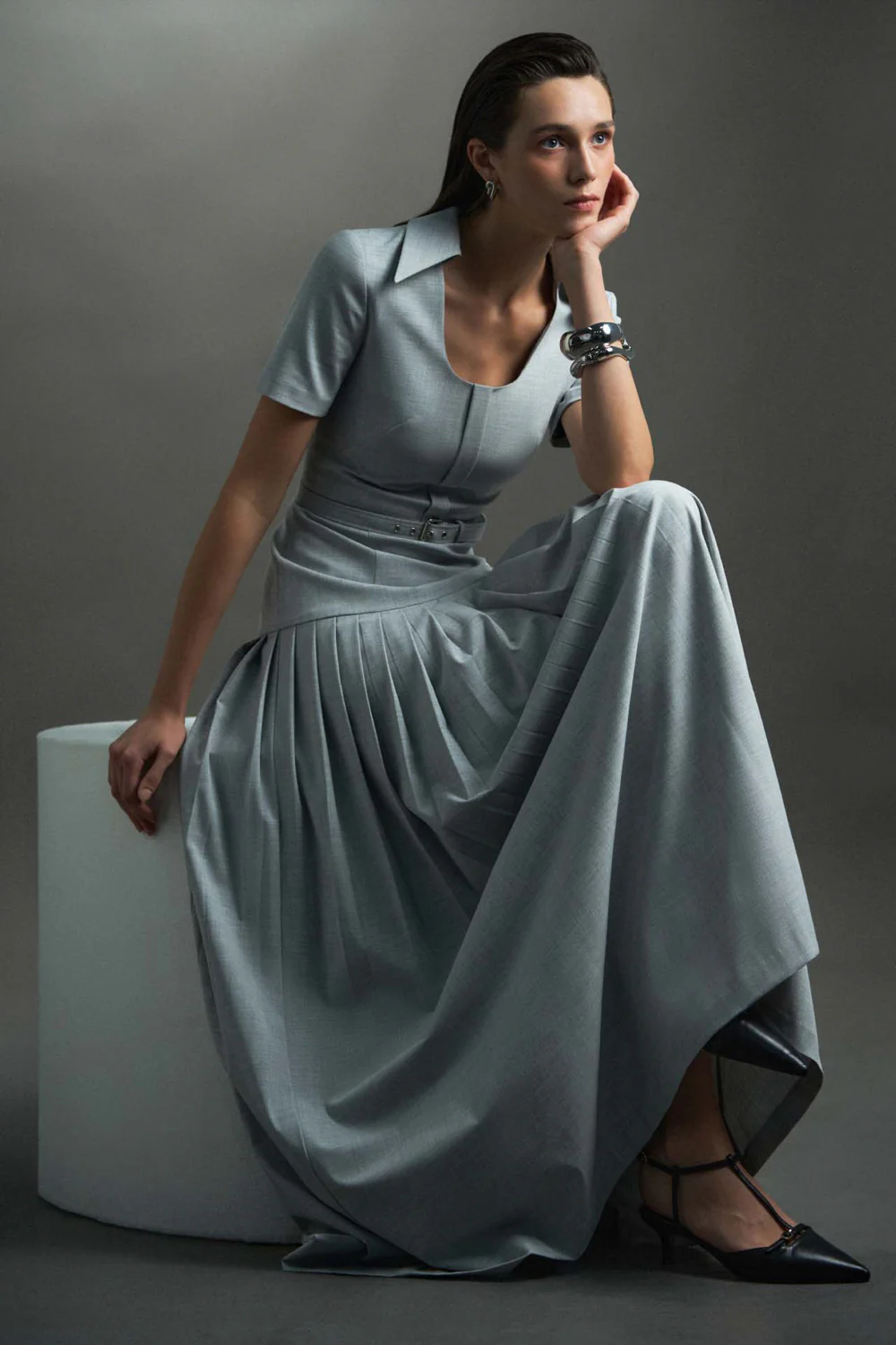 Leda Scoop Neck Pleated Maxi Dress