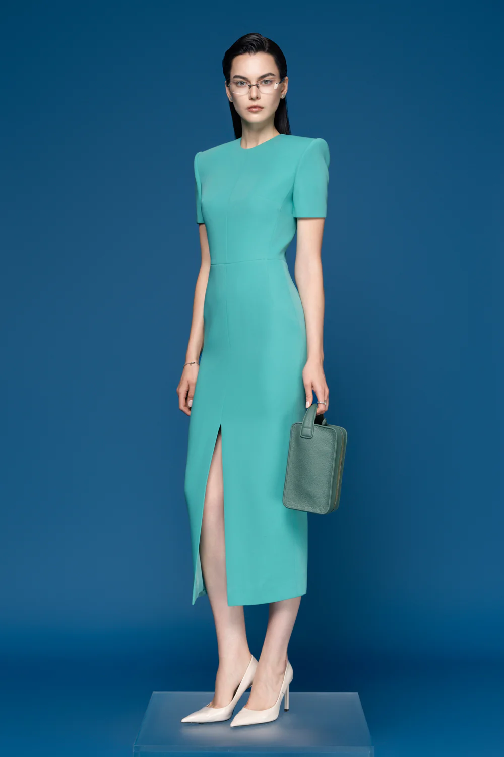 Desaix Sheath Front Slit Silk Crepe Midi Dress