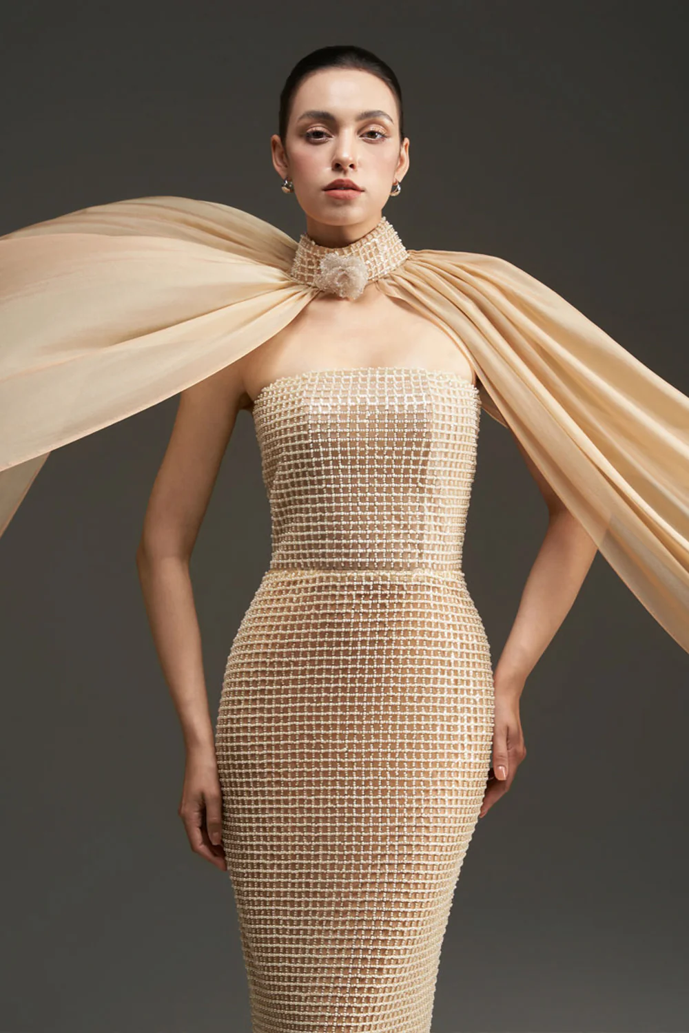 Avianna Cape Sleeves Bead Maxi Dress