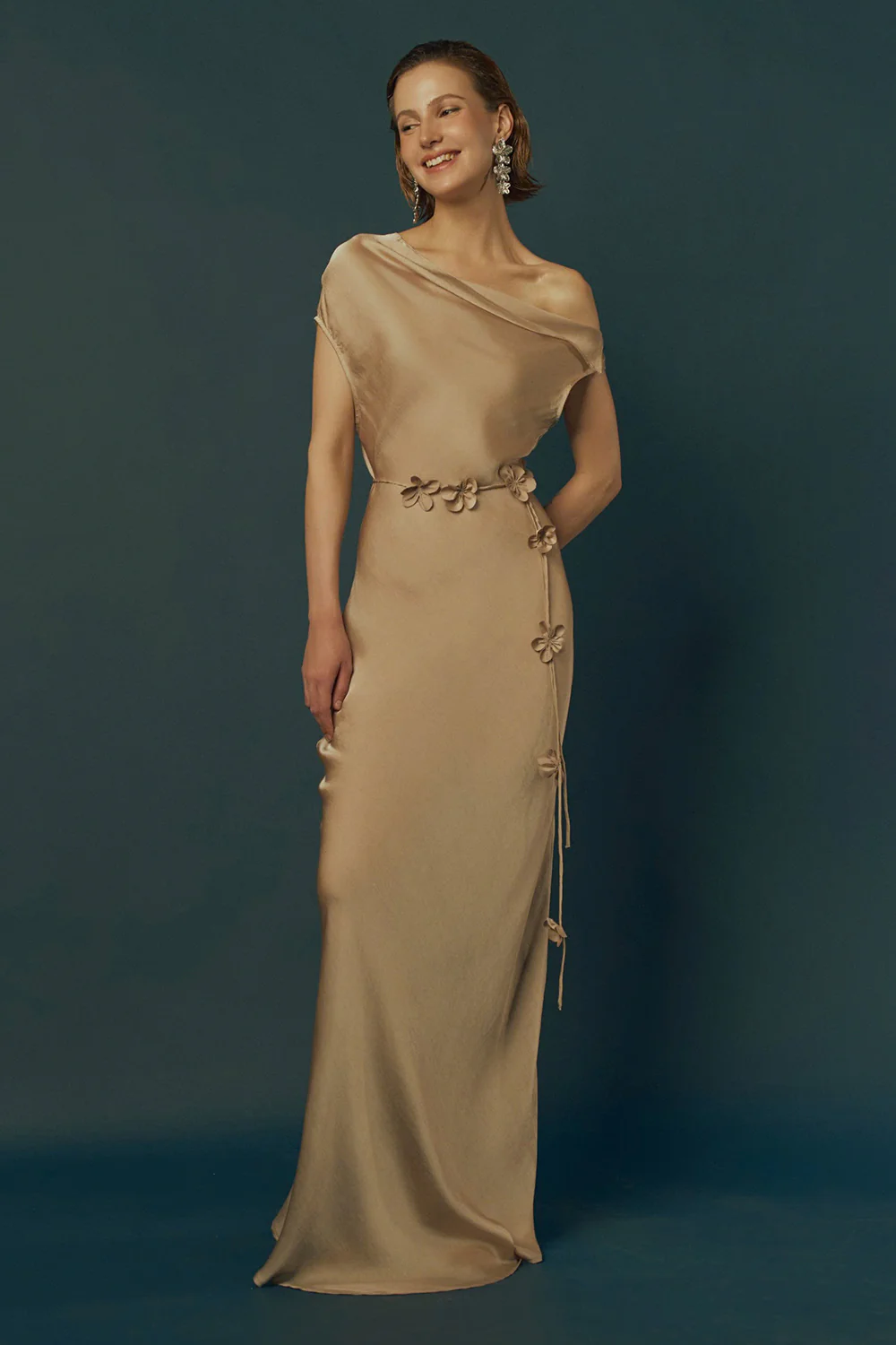 Sel Sheath Asymmetric Neck Poly Silk Floor Length Dress