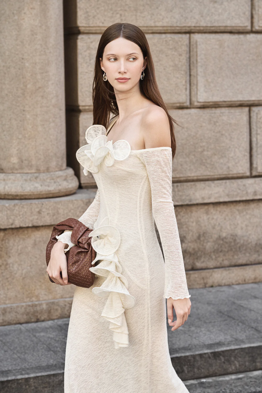 Bloom Asymmetric Sleeve Ruffe Maxi Dress