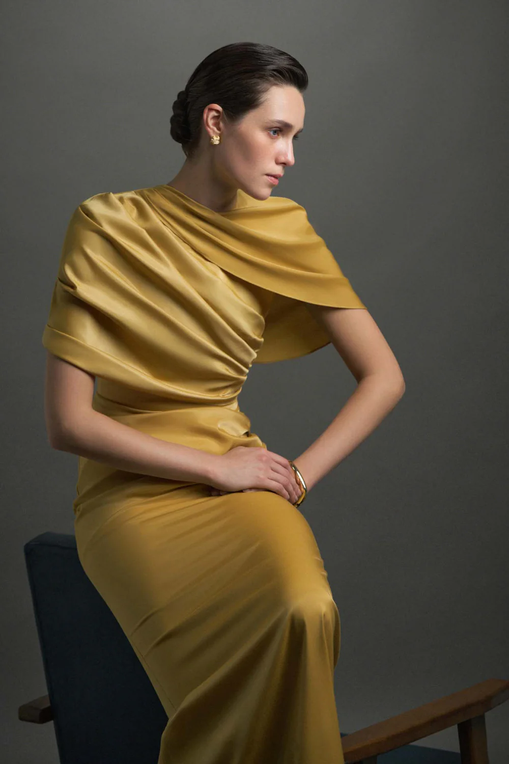 Maia Asymmetric Sleeve Draped Maxi Dress