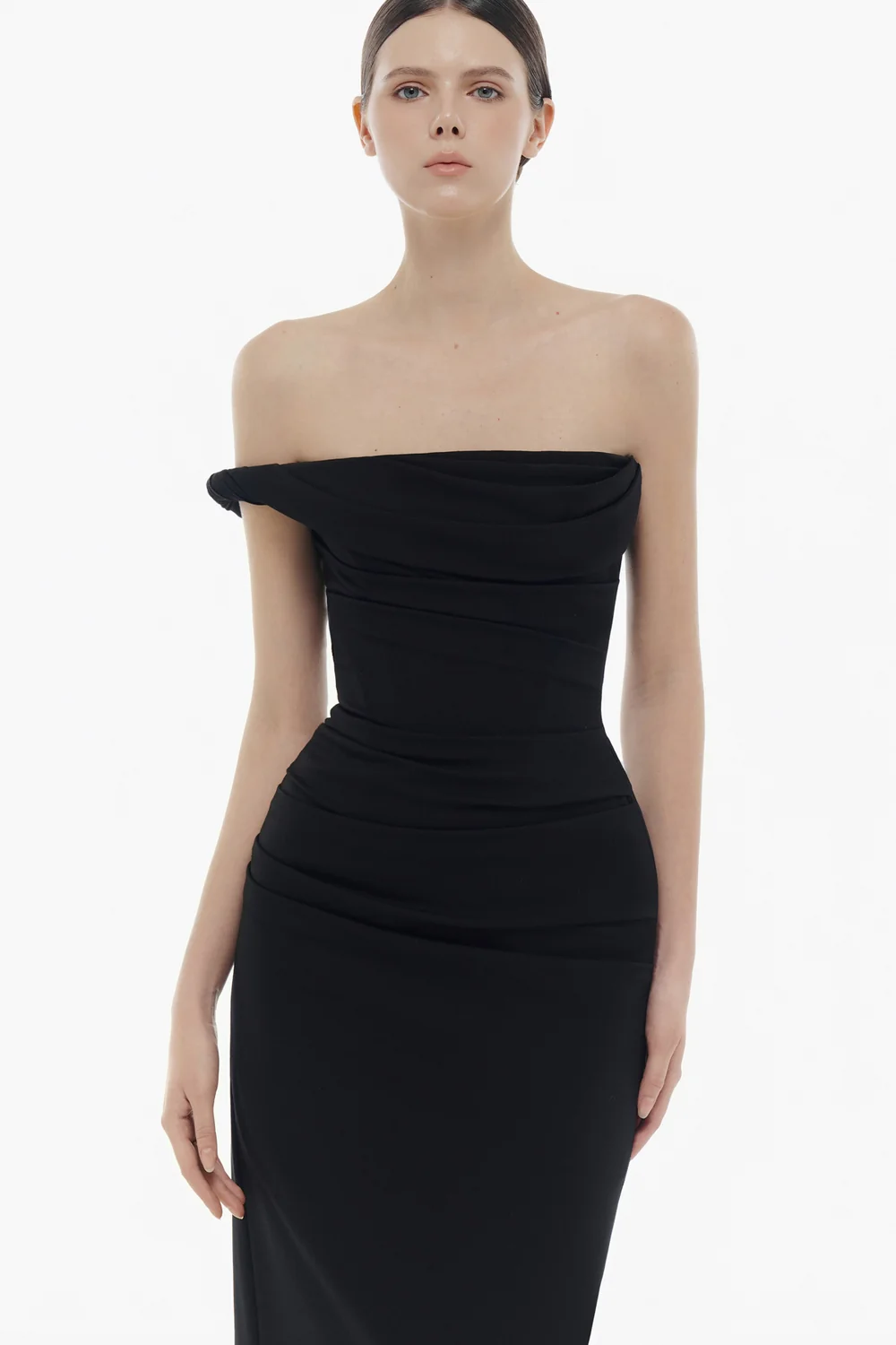 Victoria Straight Across Neck Draped Midi Dress