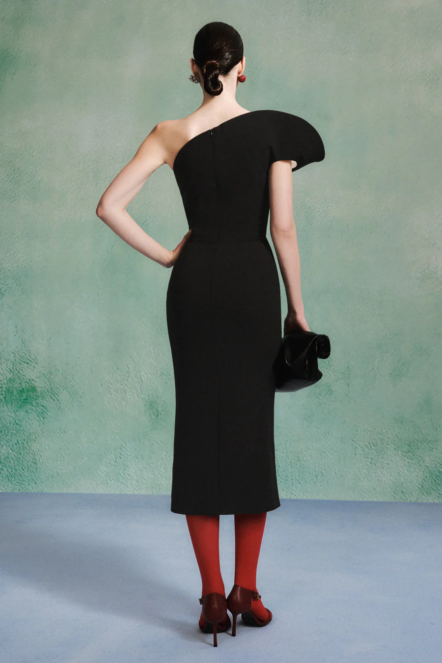 Kaisley Sheath Asymmetric Neck Crepe Midi Dress