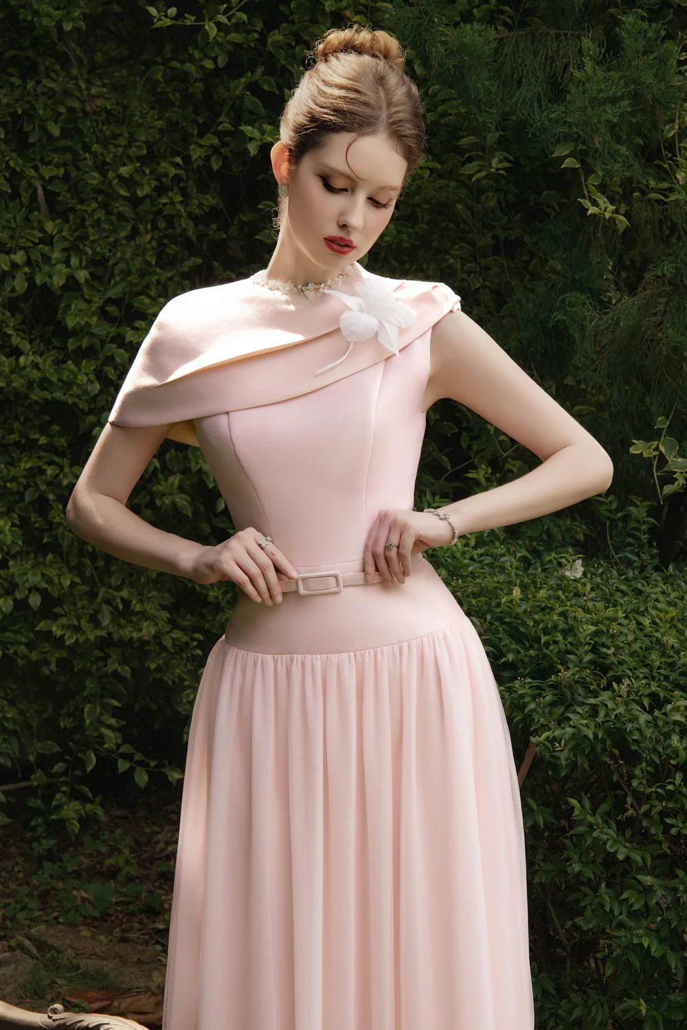 Amorette A-line Round Neck Taffeta Maxi Dress