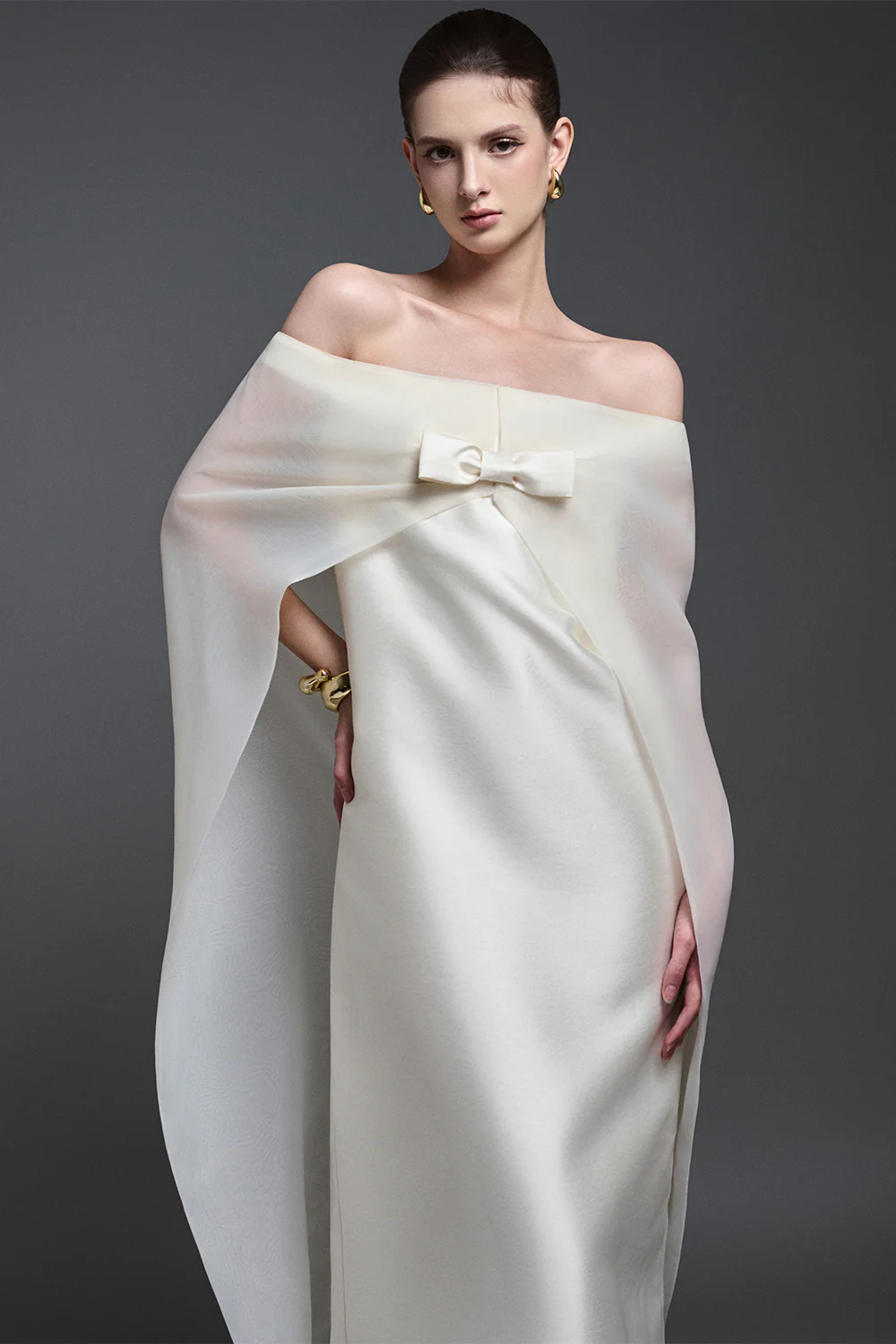 Solenne Straight Cape Sleeved Taffeta Maxi Dress