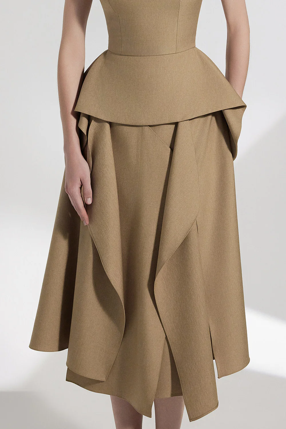Elle Asymmetric Ruffle Layer Twill Silk Midi Skirt