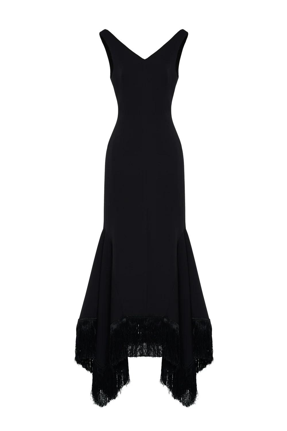 Amarae Mermaid V-Neck Crepe Calf Length Dress