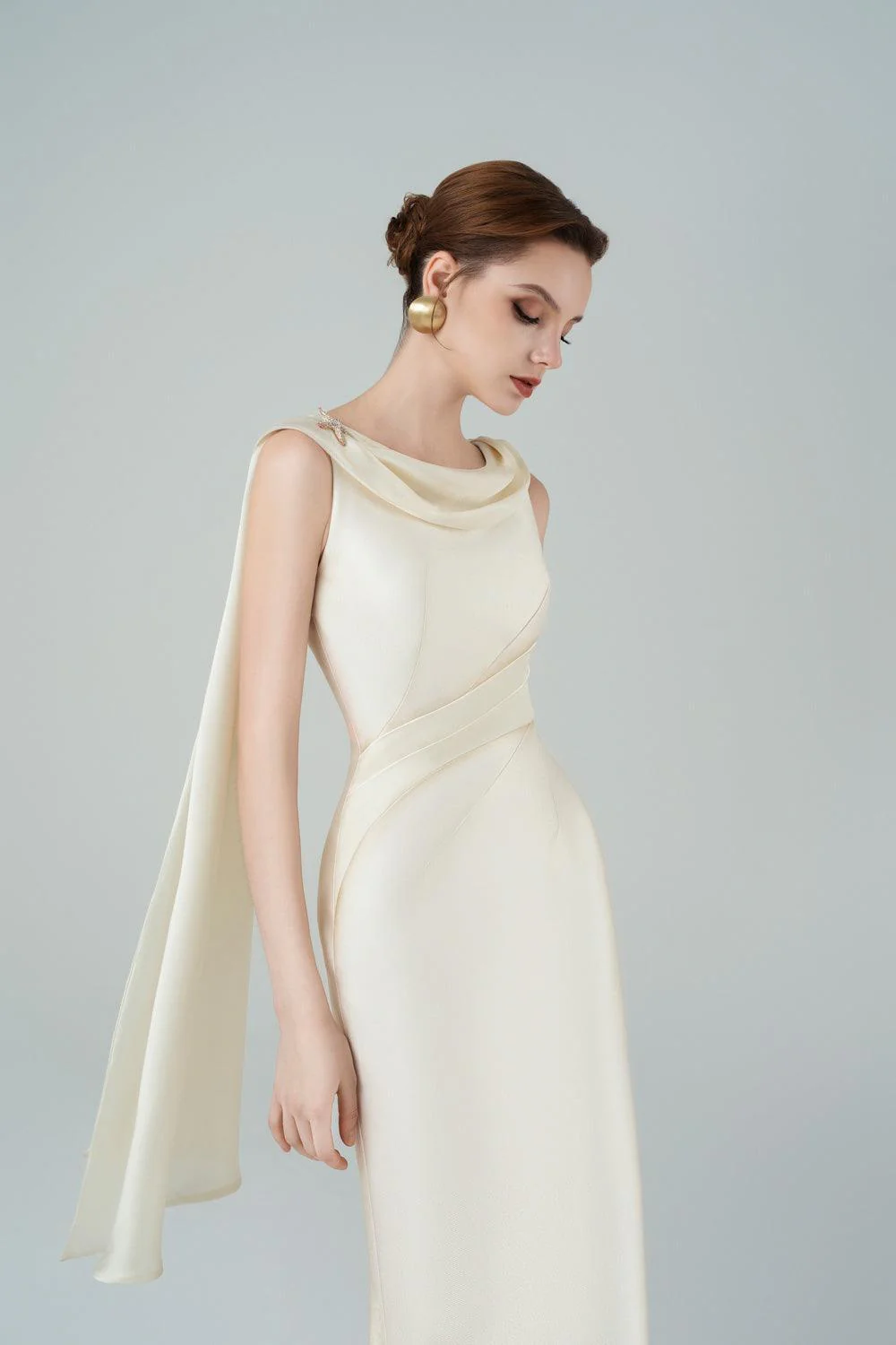 Angelica Pegged Cowl Neck Taffeta Midi Dress