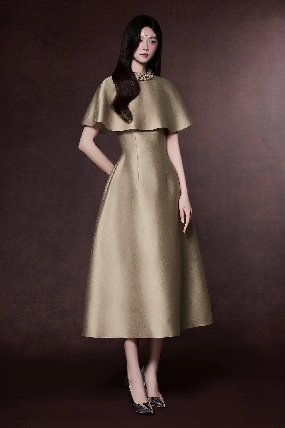 Margot Cape Sleeve Applique Midi Dress