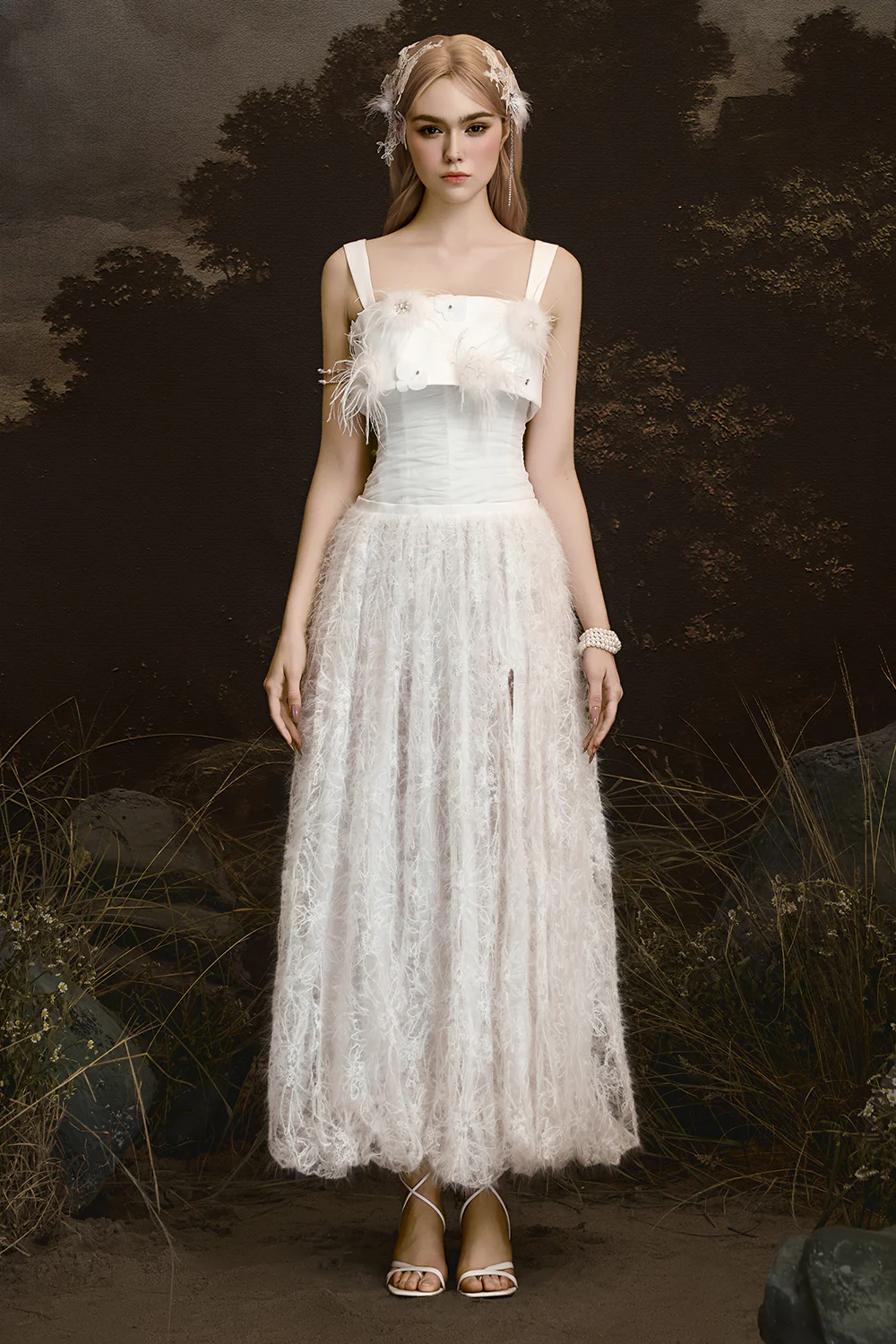 Whisper Square Neck Feather Midi Dress