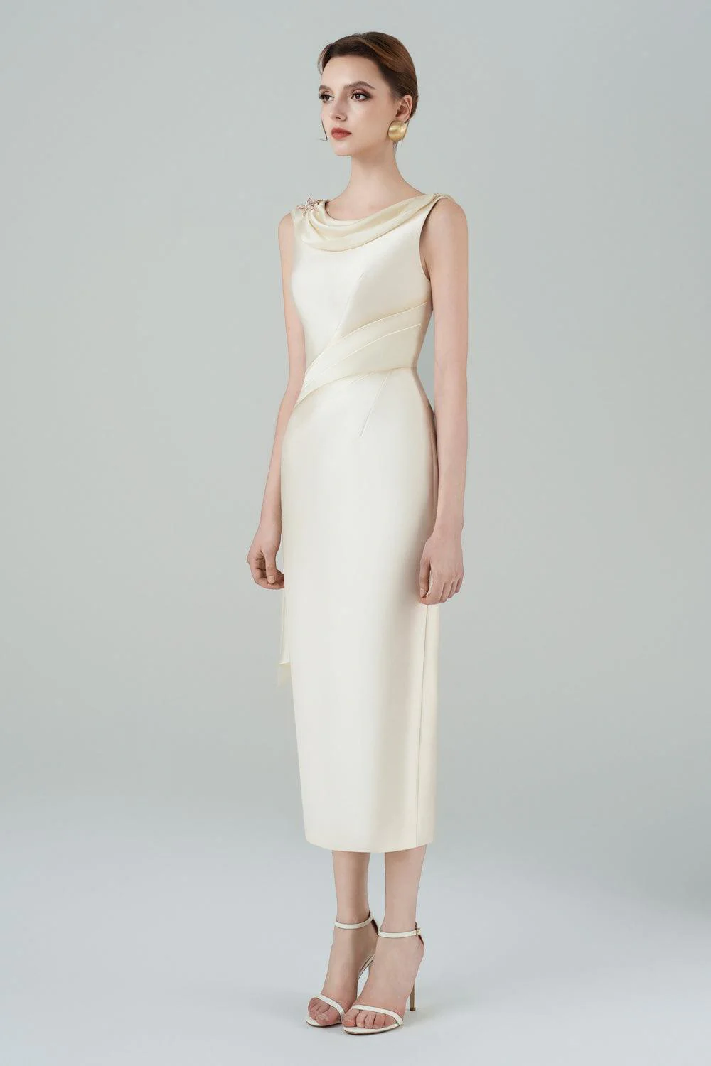 Angelica Pegged Cowl Neck Taffeta Midi Dress