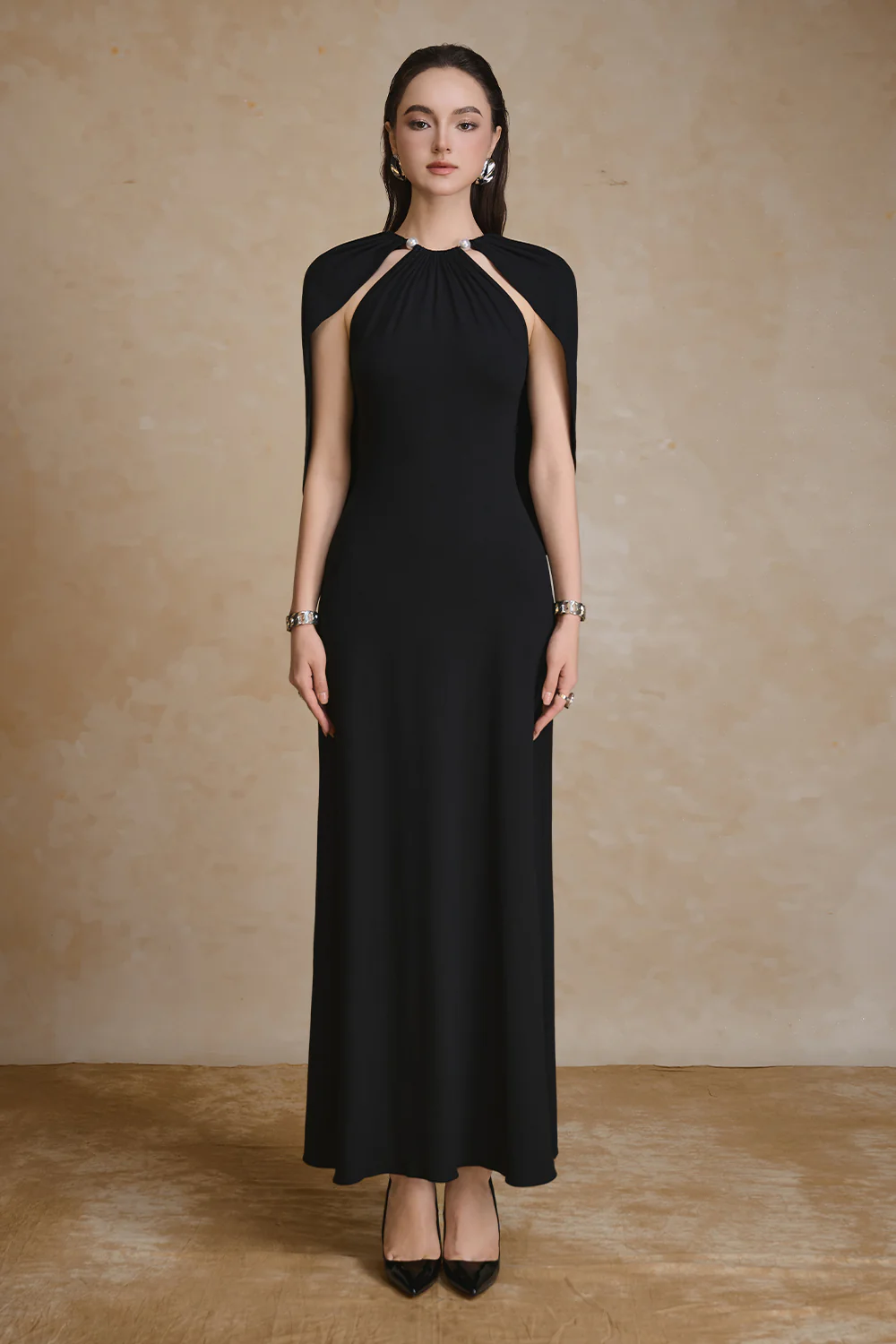 Radiant Cape Sleeve Gathering Maxi Dress