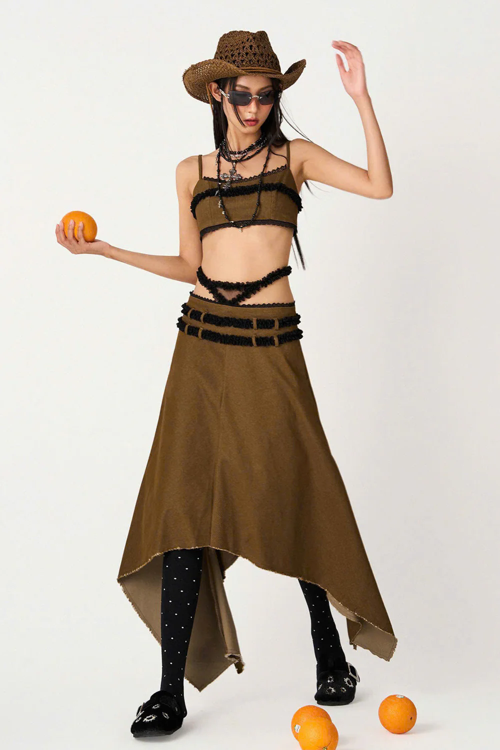 Lucia A-line High Waist Khaki High-low Skirt