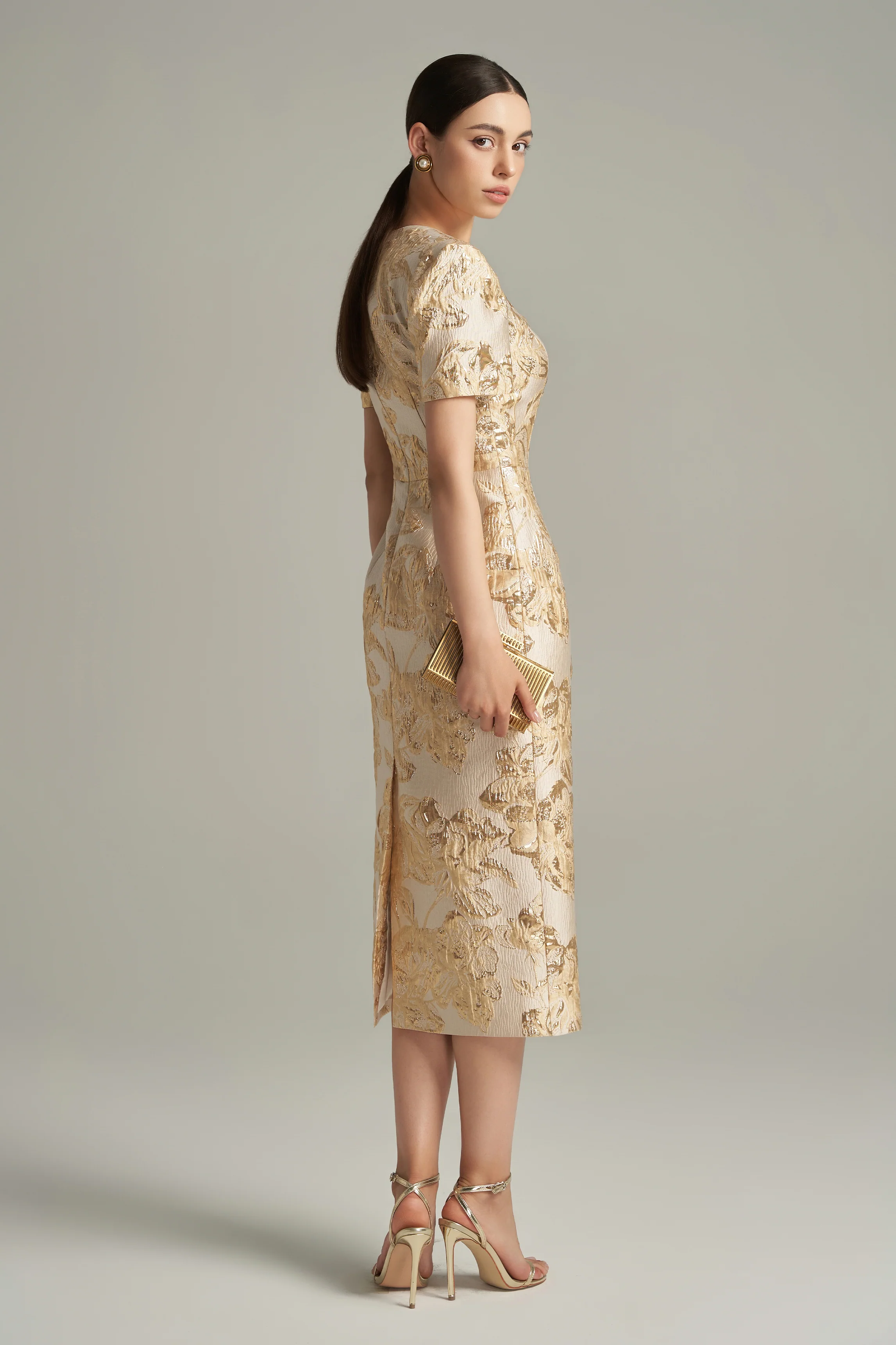 Adriana Sheath Queen Anne Neck Lace Brocade Length Dress