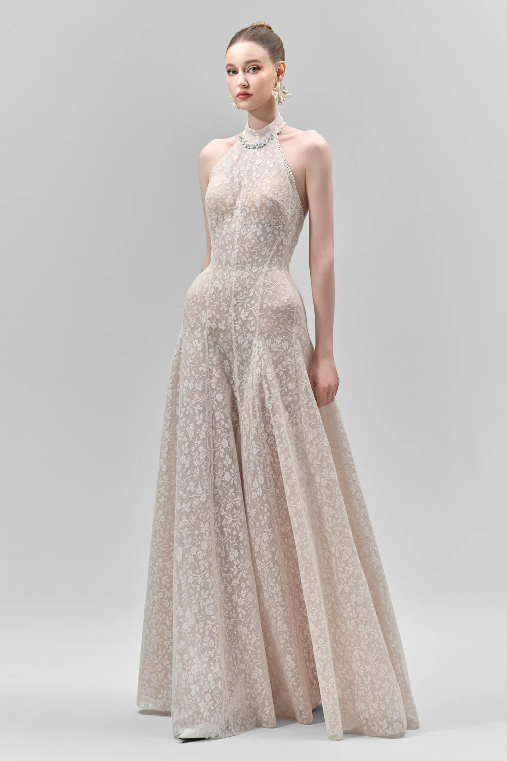 Aurelia A-line Halter Neck Lace Floor Length Dress