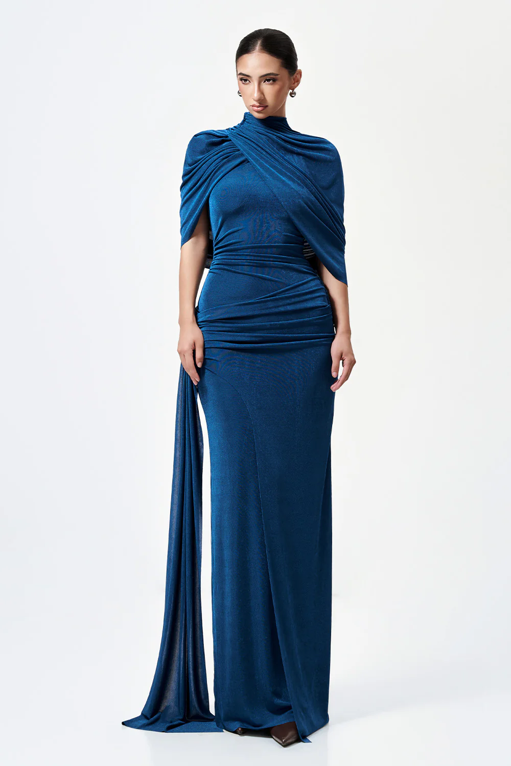 Athena Sheath Cape Shoulder Elastic Cotton Maxi Dress