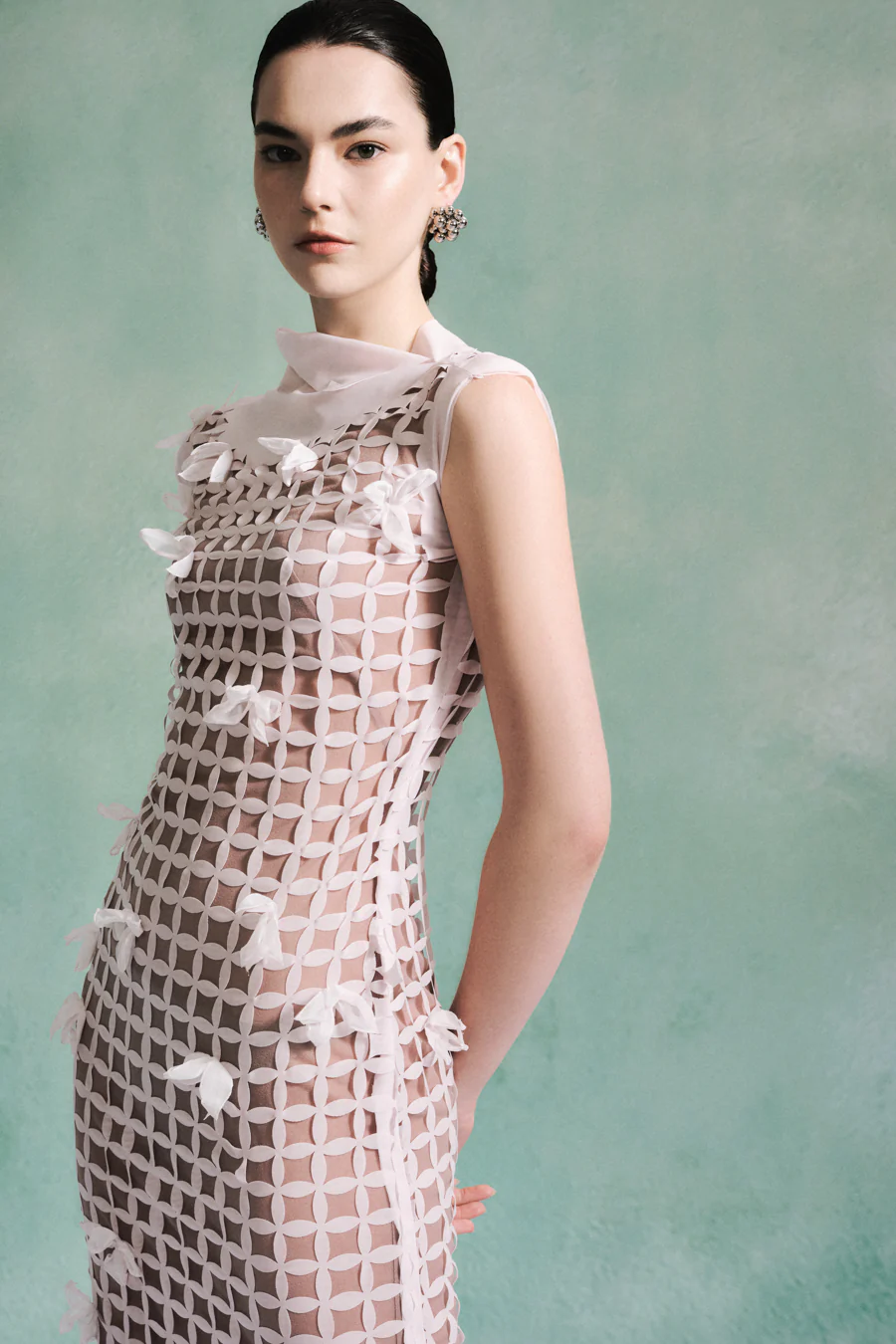 Amani Sheath Flower Applique Chiffon Maxi Dress