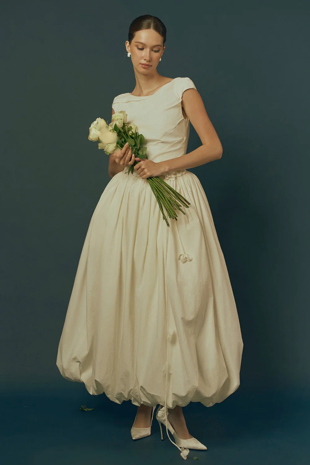 Blooming Bubble Cap Sleeved Cotton Ankle Length Dress