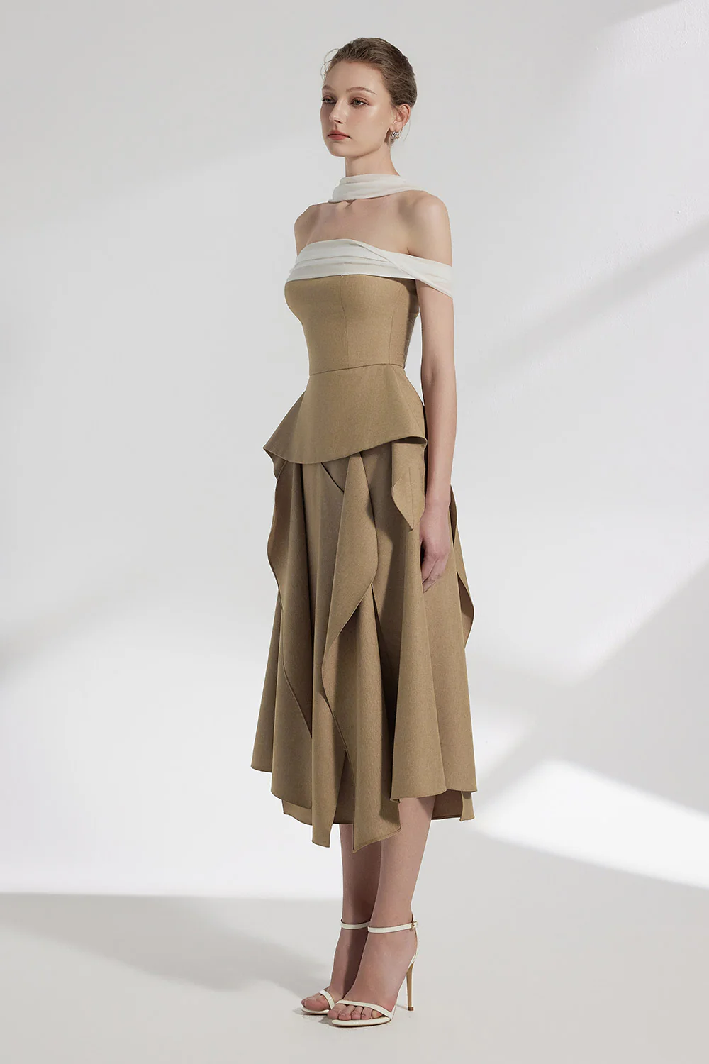 Elle Asymmetric Ruffle Layer Twill Silk Midi Skirt