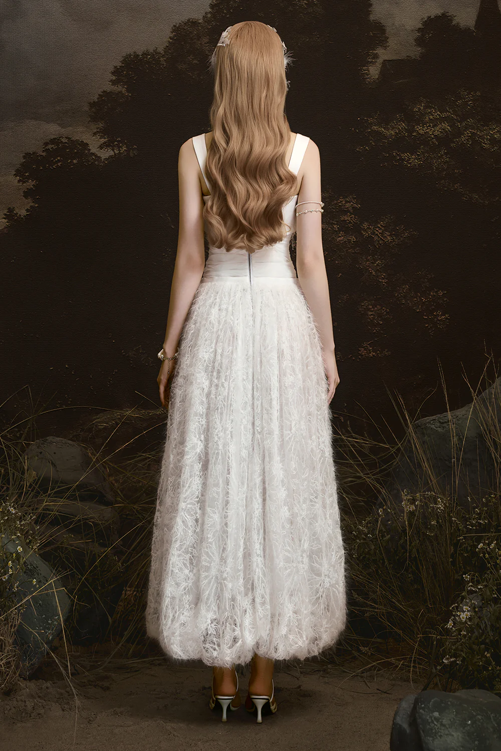 Whisper Square Neck Feather Midi Dress