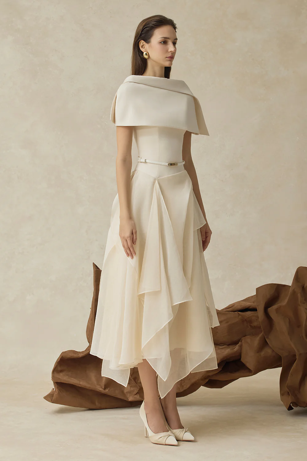 Seraphelle Cape Sleeve Ruffle Midi Dress