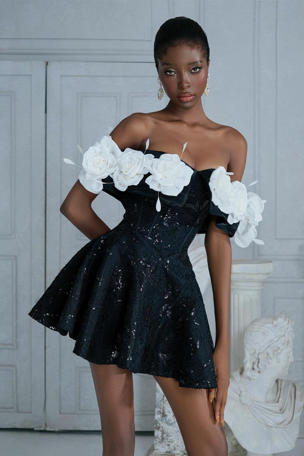 Mina Rose Fit and Flare Off-Shoulder Sequin Mini Dress