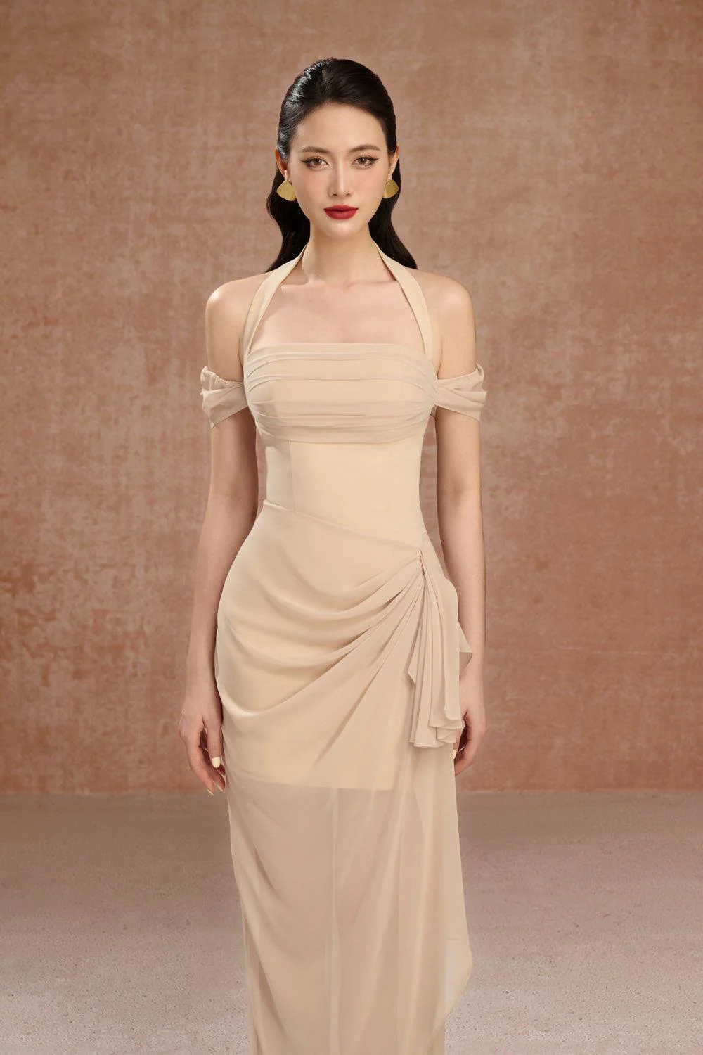 June Halter Cold Shoulder Sleeved Twill Ankle Length Dress