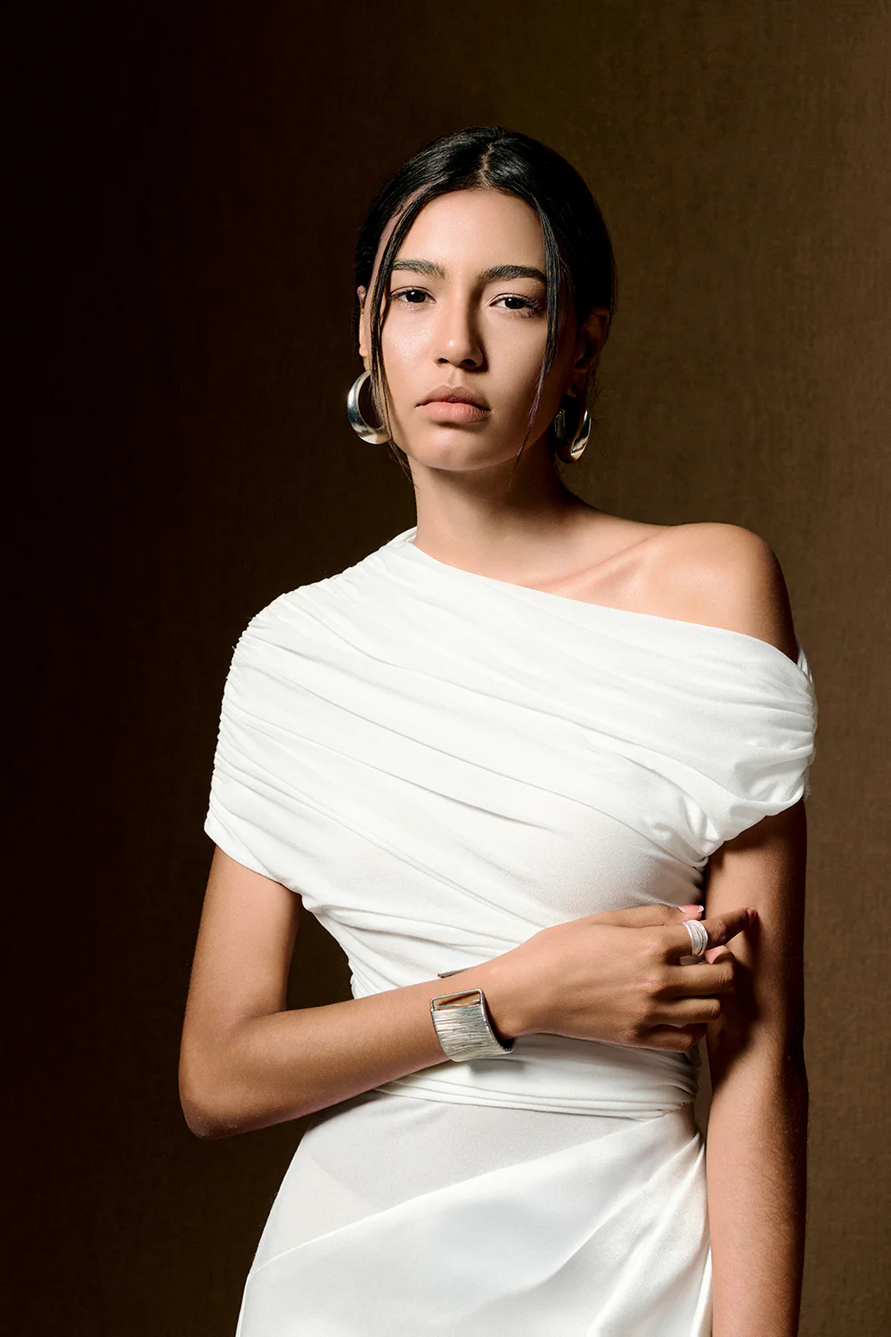 Enya Asymmetric Neck Gathering Maxi Dress