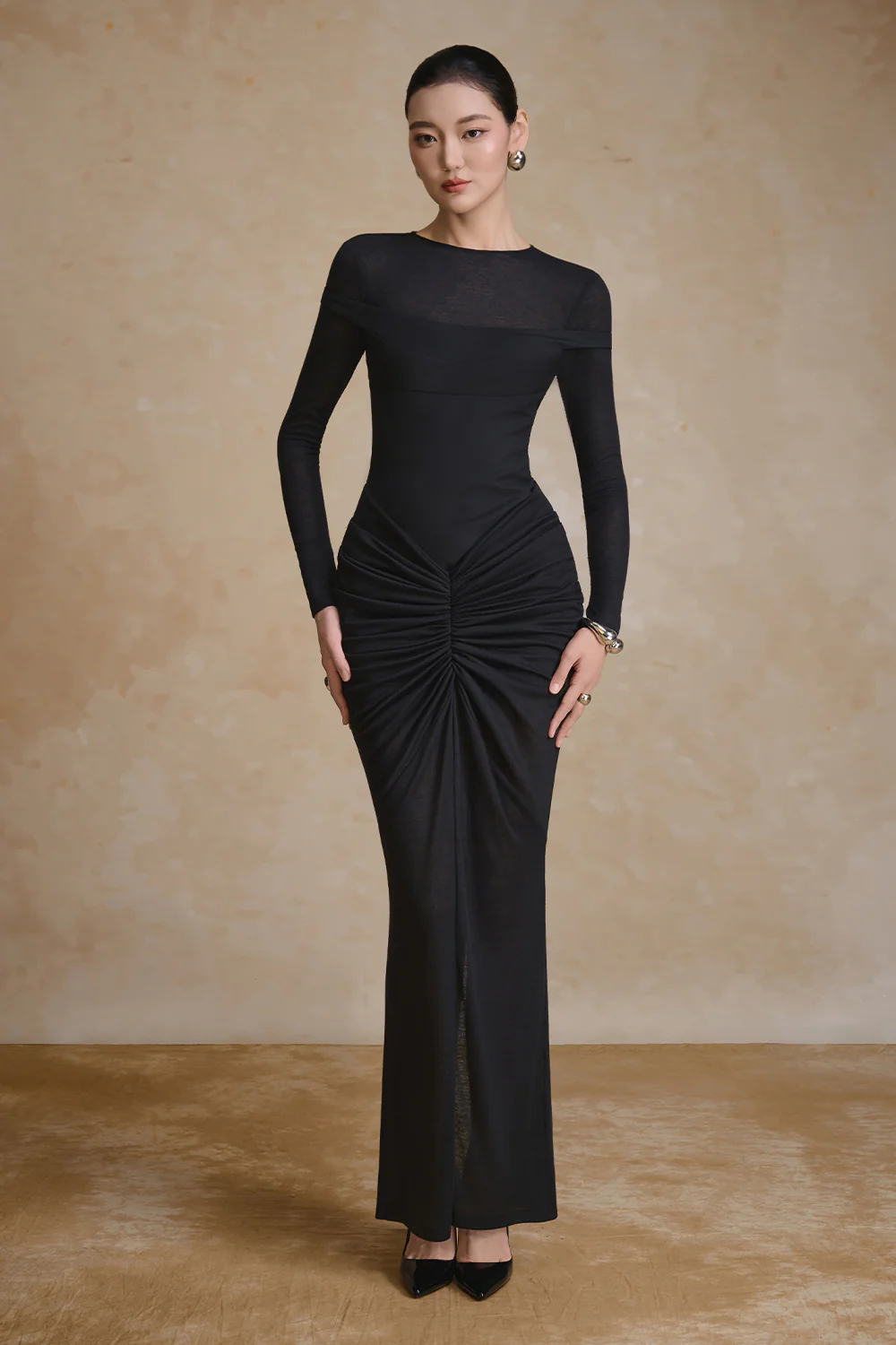 Scoria Boat Neck Gathering Maxi Dress