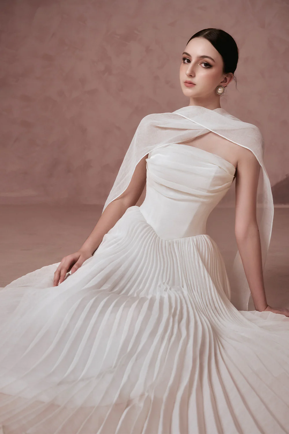 Amelia Strapless Pleated Mesh Silk Ankle Length Dress