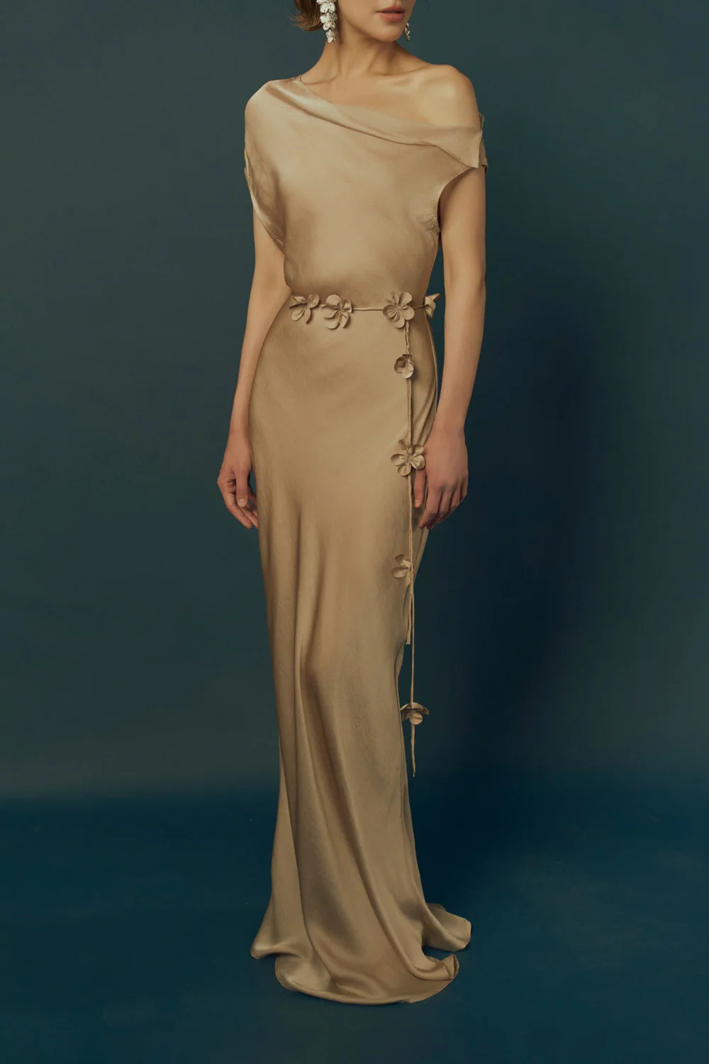 Sel Sheath Asymmetric Neck Poly Silk Floor Length Dress