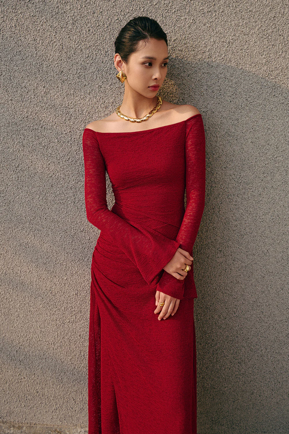 Blossom A-line Off-Shoulder Spandex Midi Dress