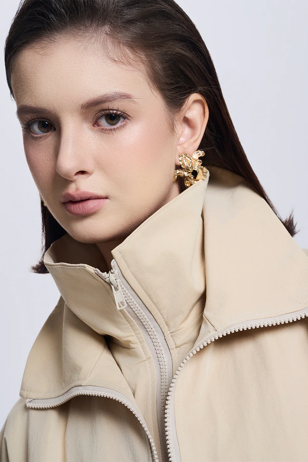 Clara Blouson Cuff Sleeved Khaki Silk Jacket