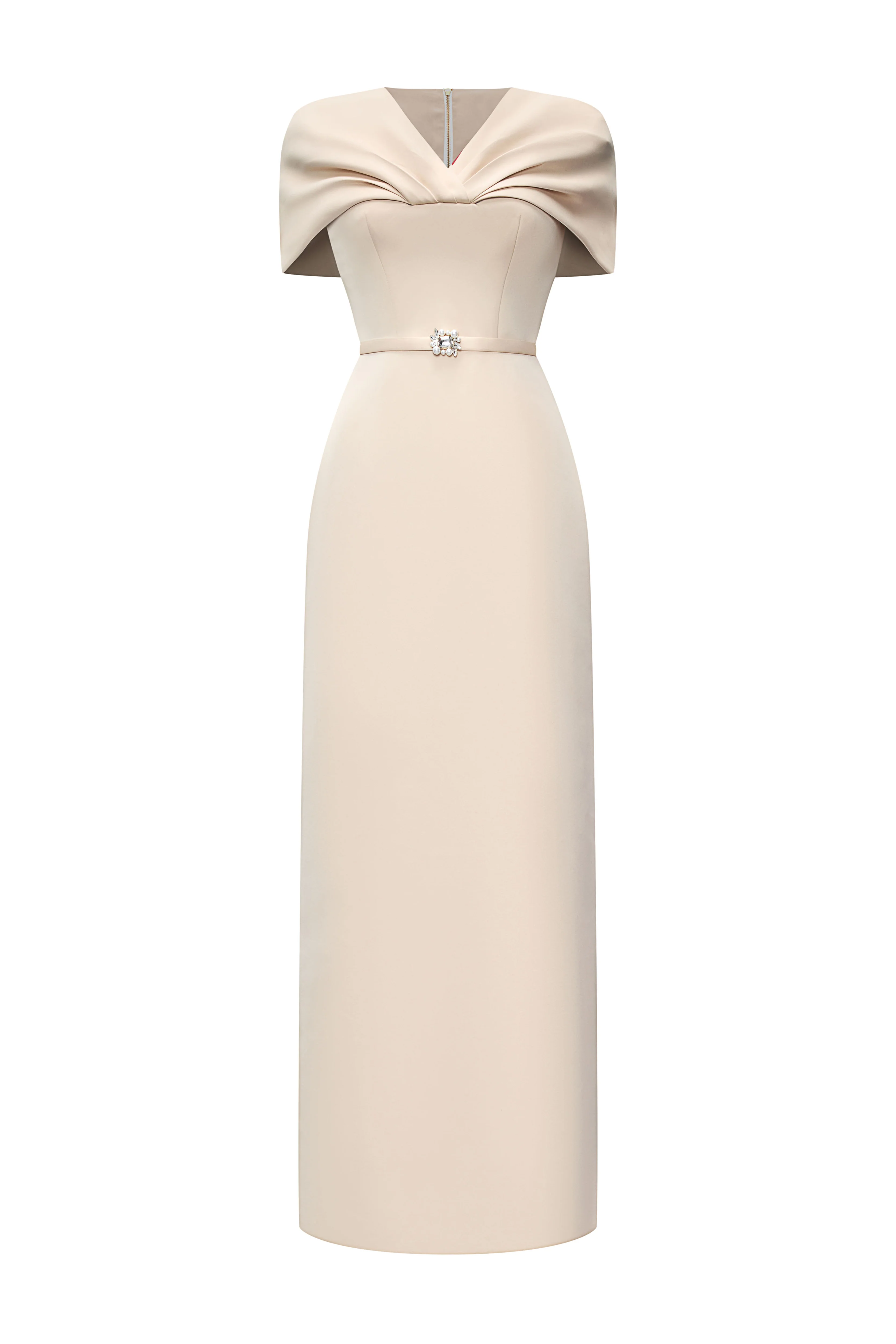 Fiorelle Sheath Cape Sleeved Satin Maxi Dress