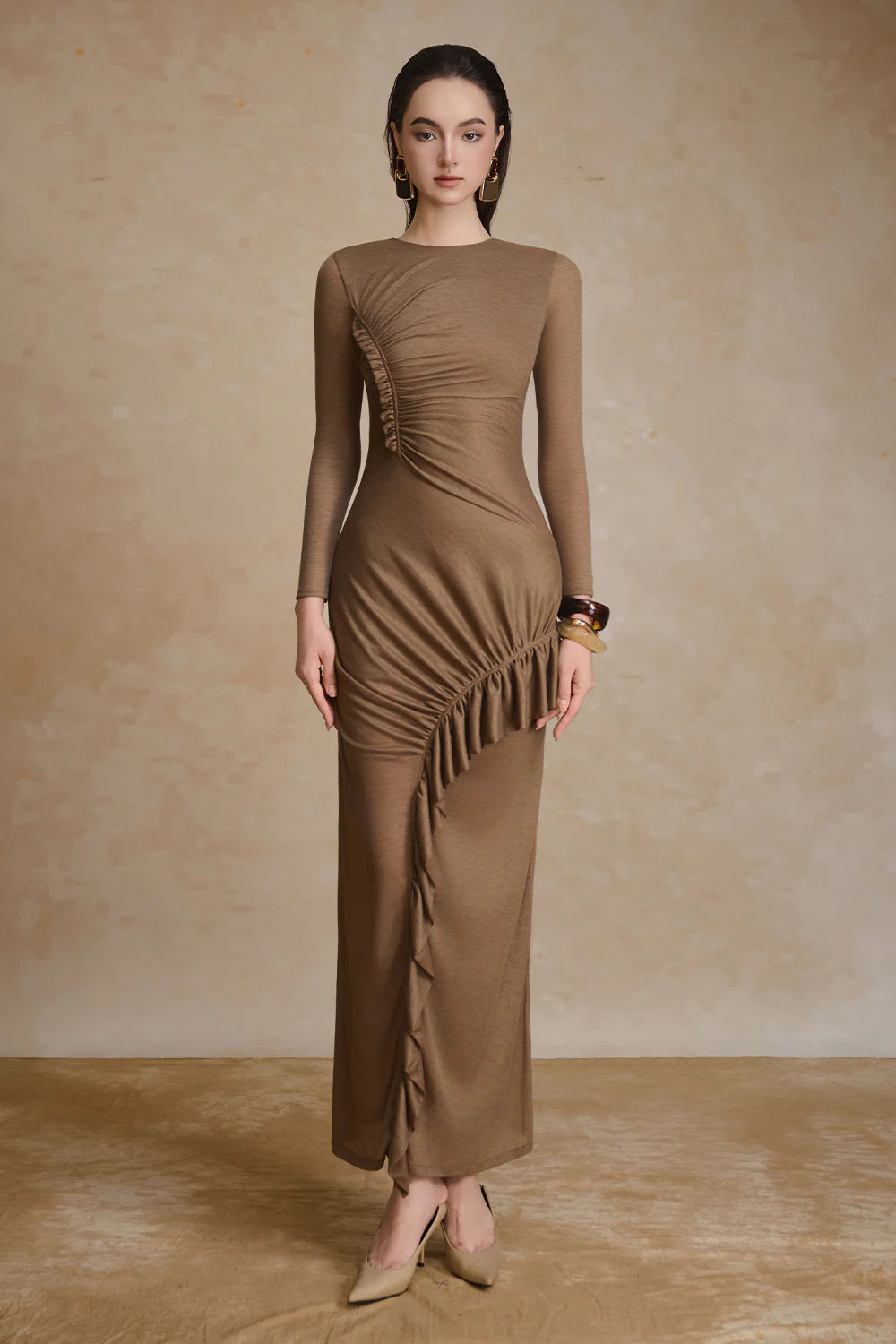 Noir Round Neck Ruffle Maxi Dress