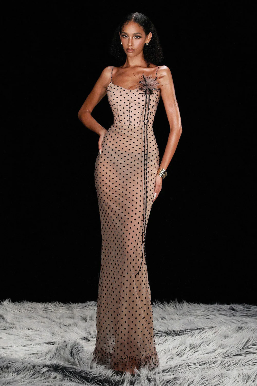 Haisley Pencil Corset Waist Mesh Floor Length Dress