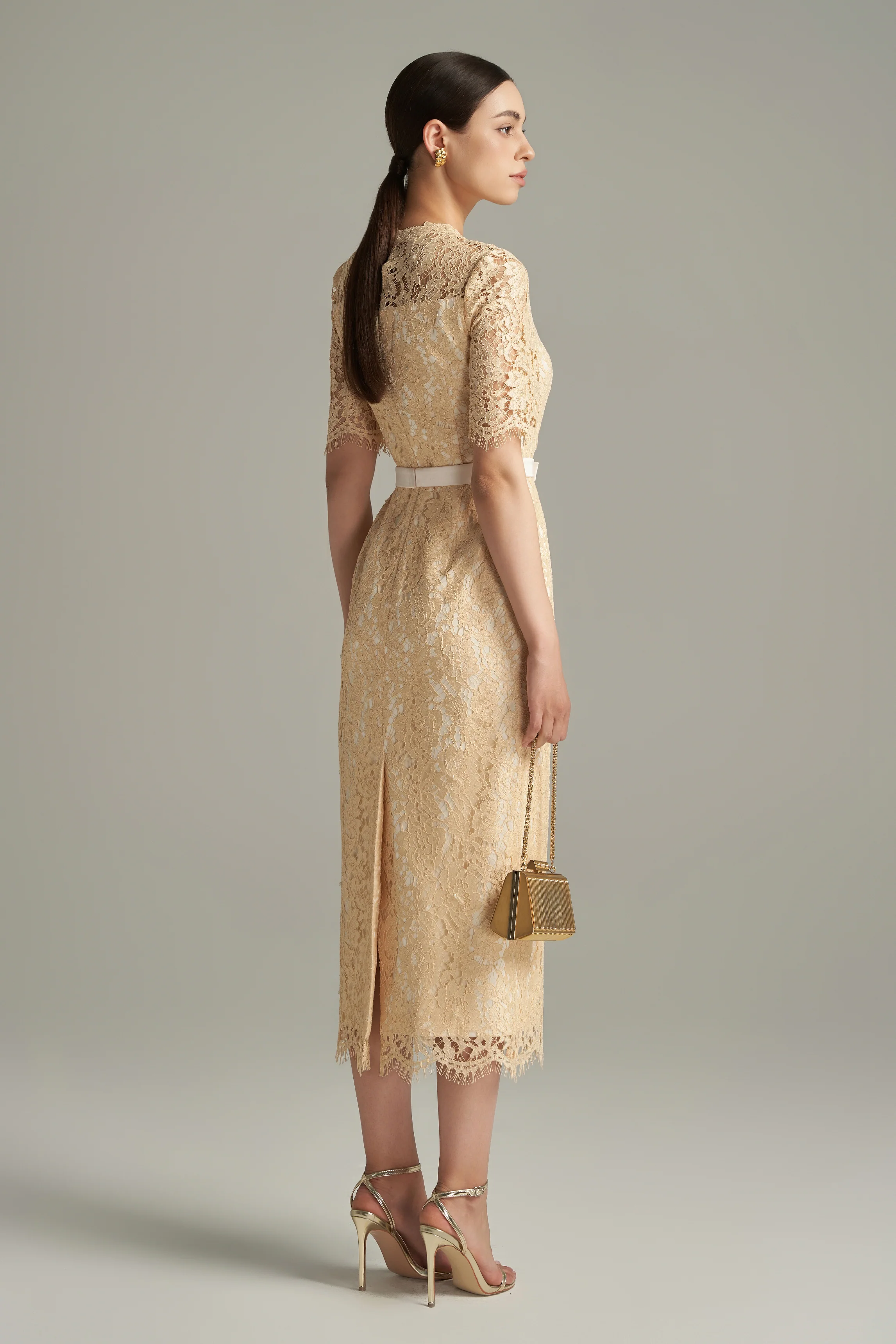 Juniper Pencil Back Slit Lace Calf Length Dress