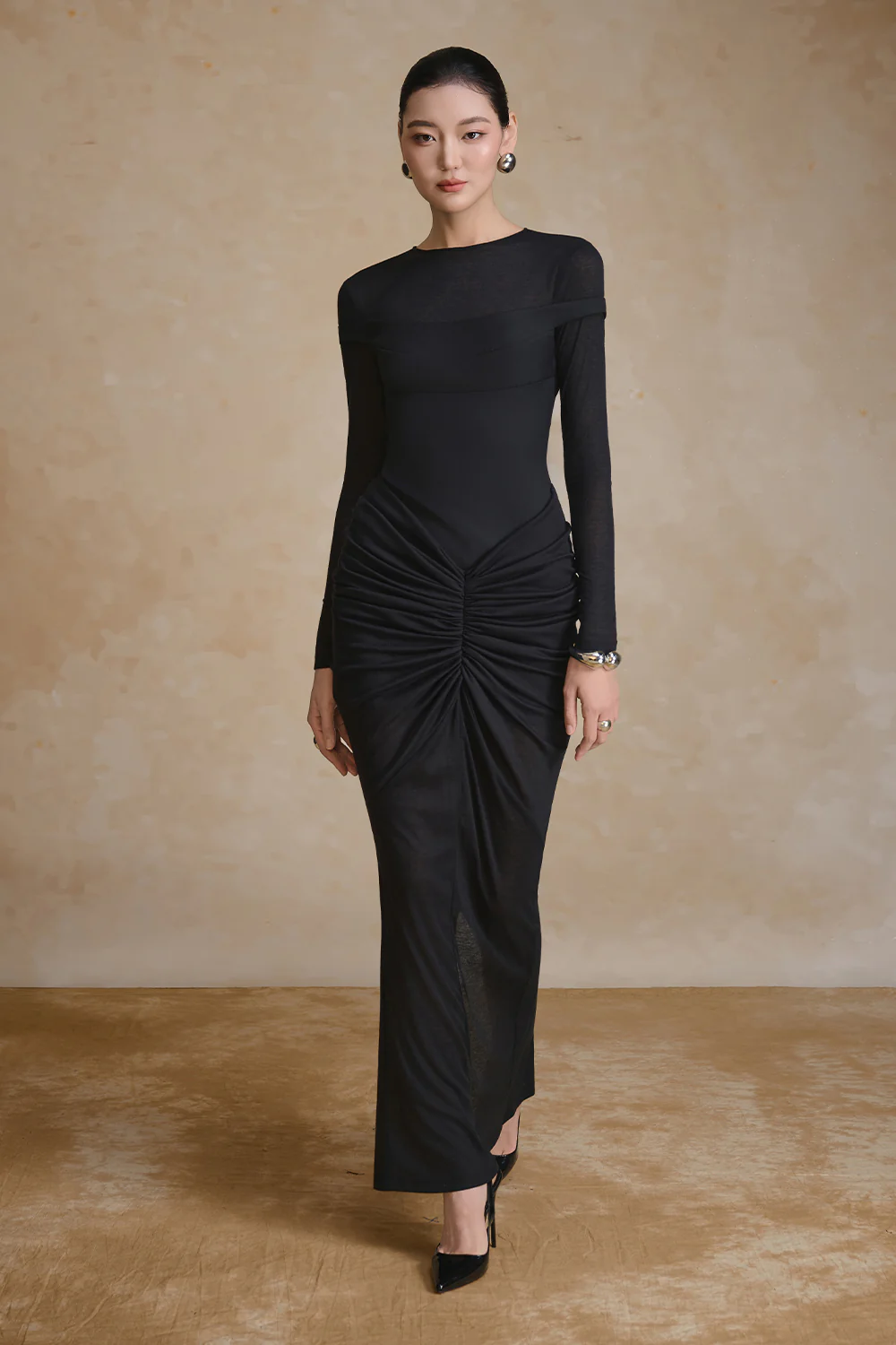 Scoria Boat Neck Gathering Maxi Dress