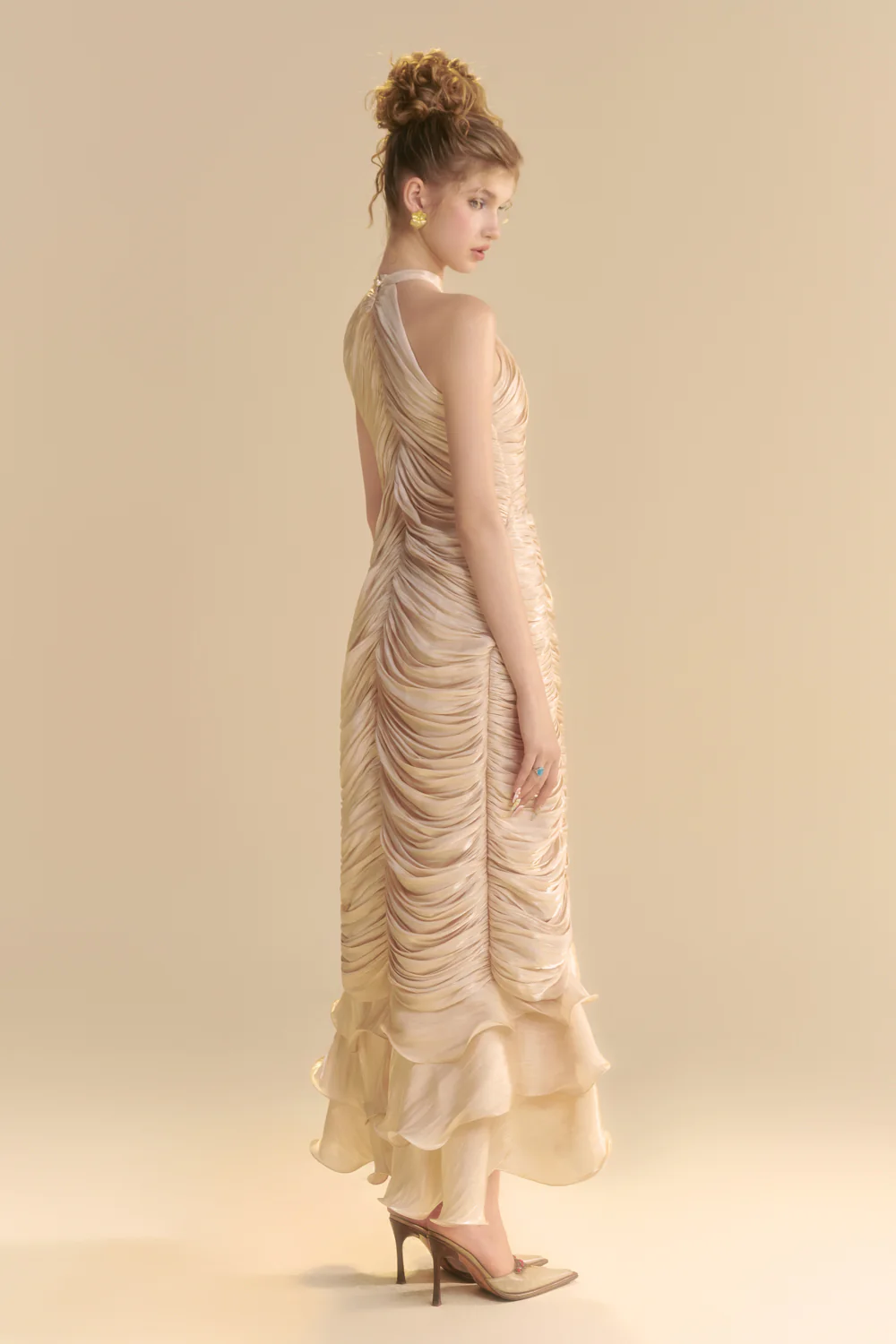 Solenne Halter Neck Ruffle Midi Dress