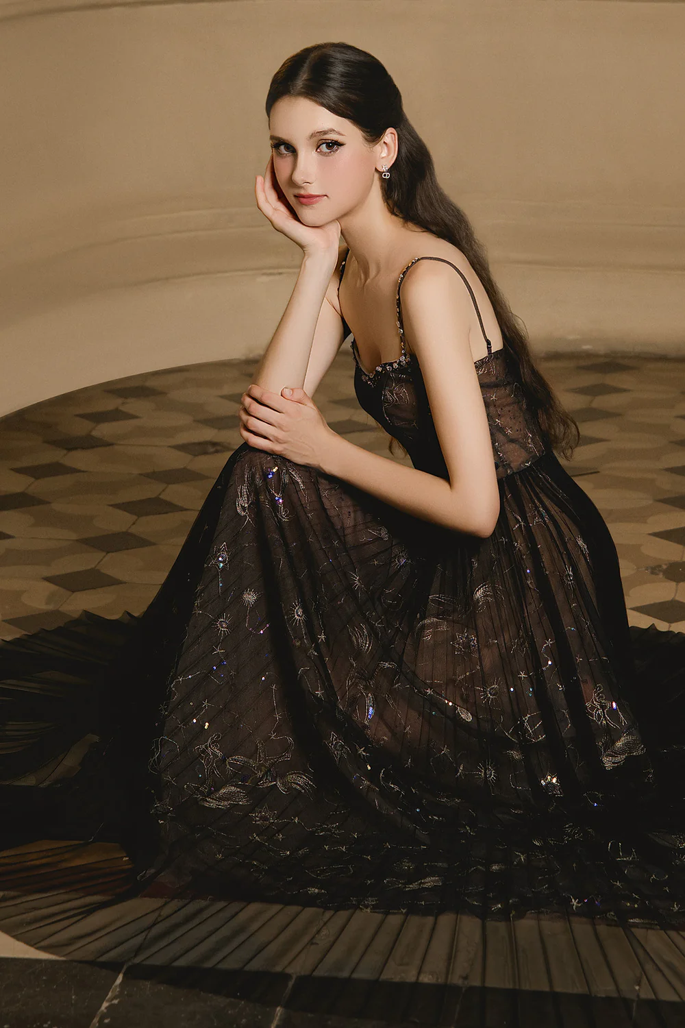 Delin A-line Spaghetti Strap Mesh Maxi Dress