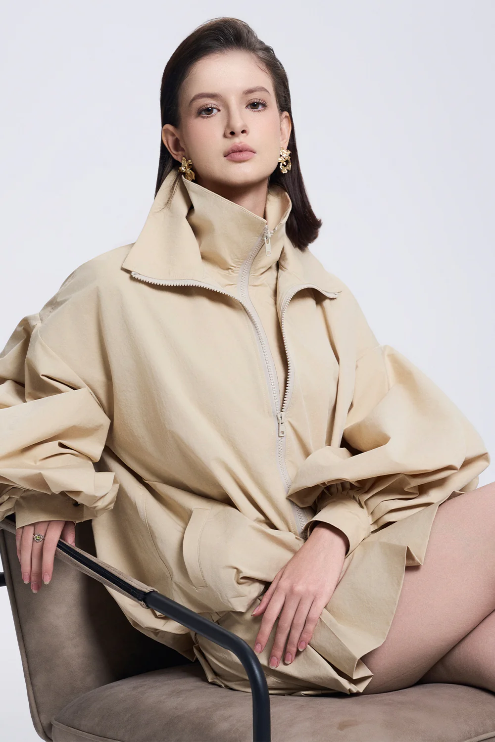 Clara Blouson Cuff Sleeved Khaki Silk Jacket