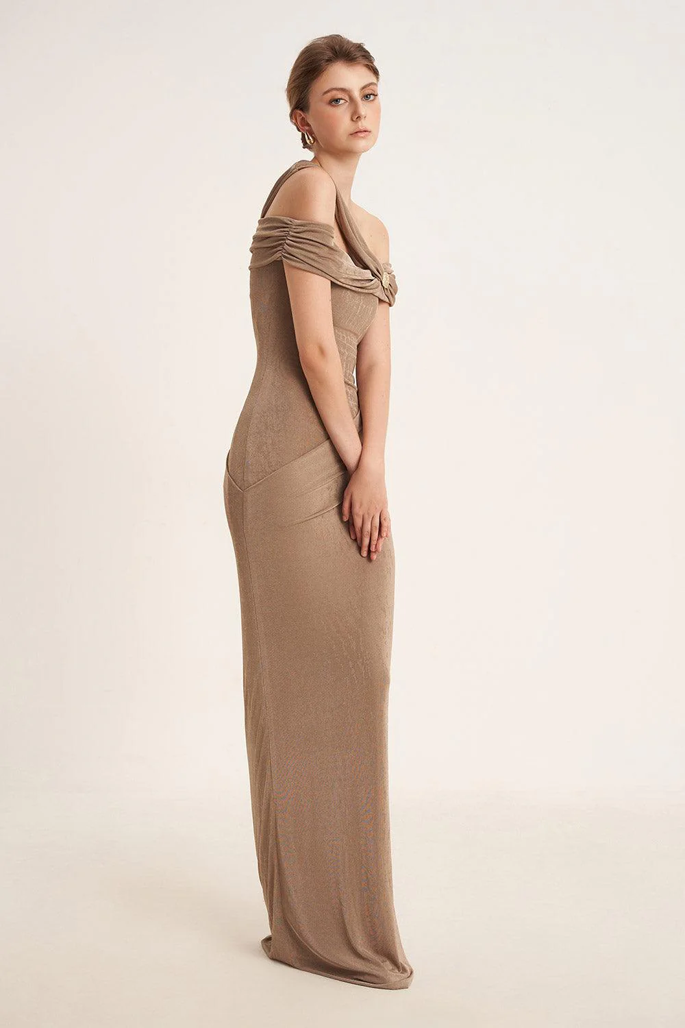 Plumeria Sheath Cold Shoulder Sleeved Elastic Cotton Floor Length Dress