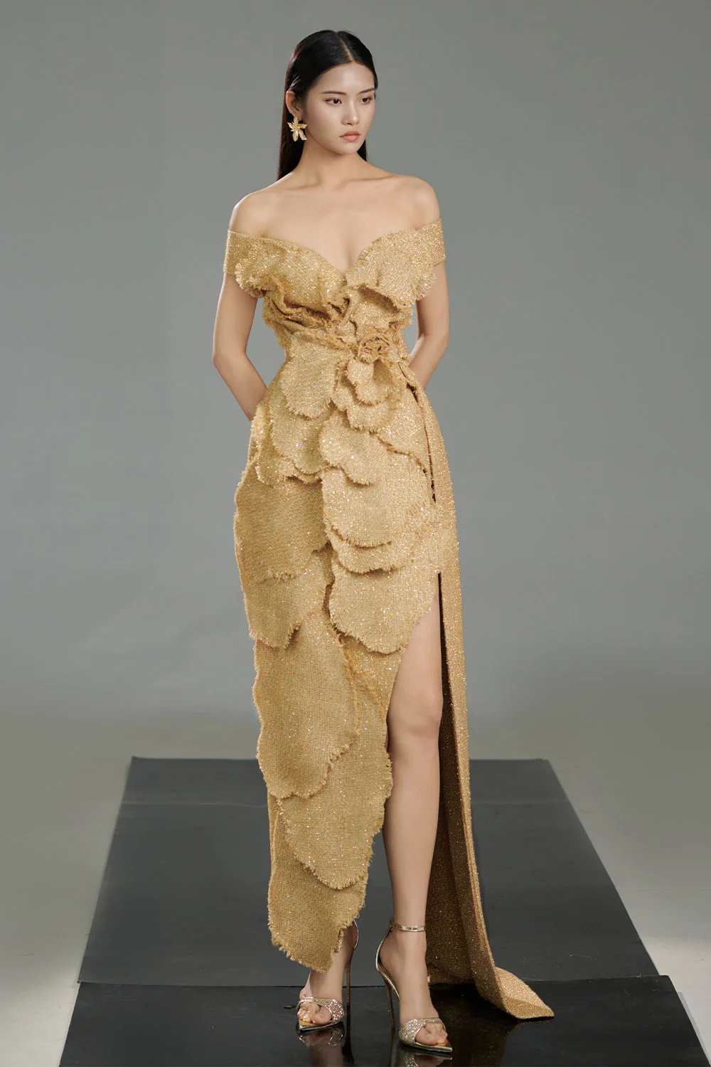 Dominic Pegged Off-Shoulder Polyester Maxi Dress