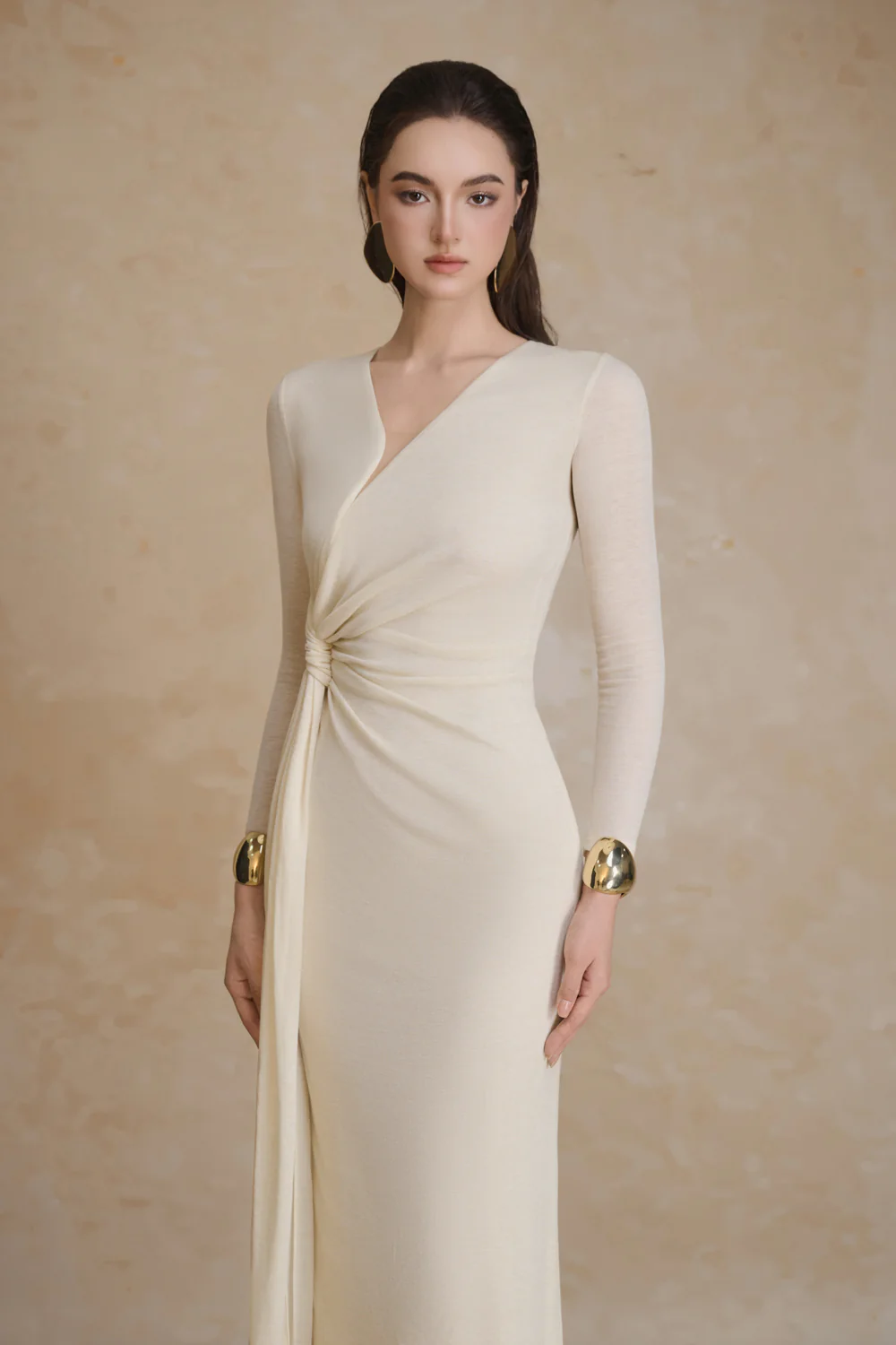 Golden V-Neck Draped Maxi Dress