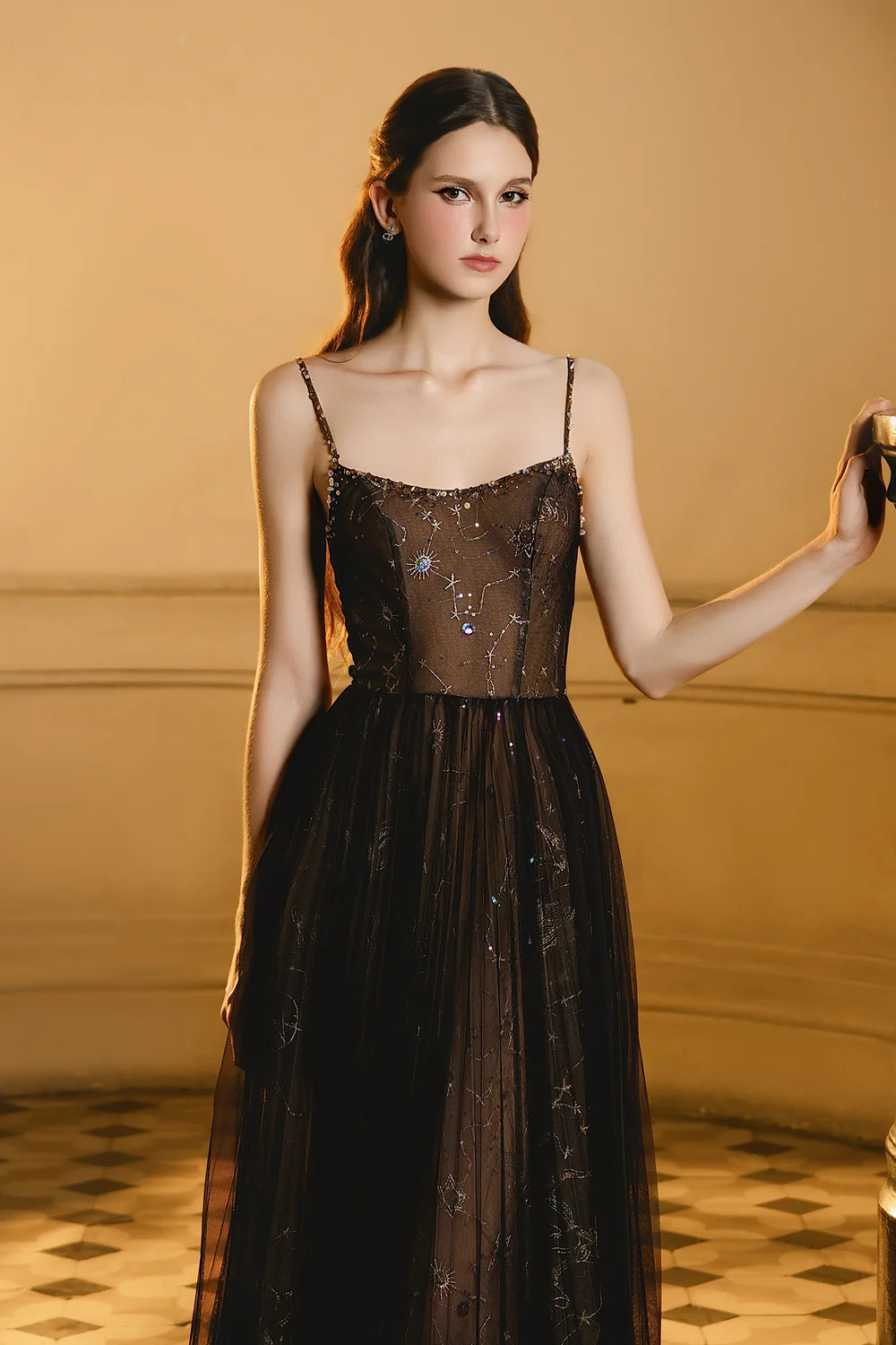 Delin A-line Spaghetti Strap Mesh Maxi Dress