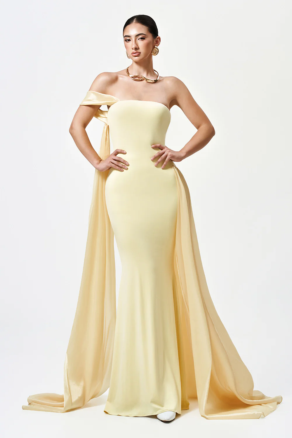 Aura Asymmetric Off-Shoulder Cotton Spandex Floor Length Dress